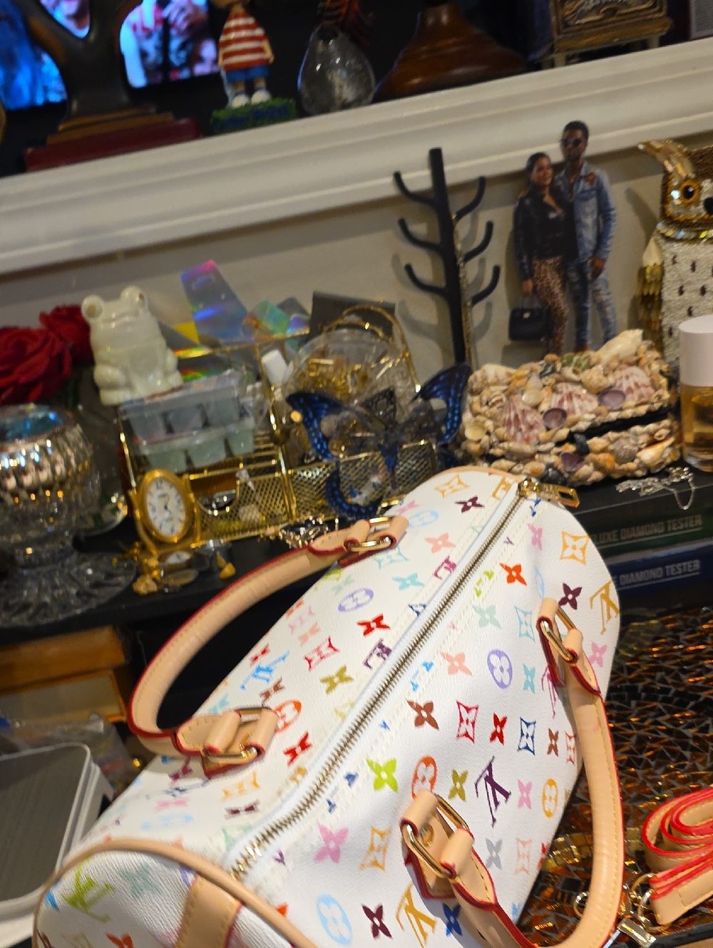 White Multicolor Monogram Dome Satchel with Tan Trim
